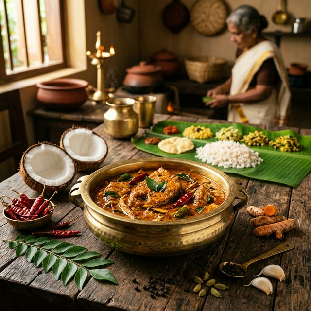 Authentic Kerala Cuisine - Brass Uruli with Fish Curry and Spices